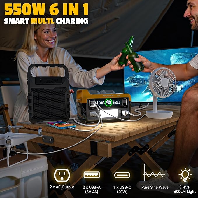 Ecarke 550W Portable Power Inverter Compatible with DeWalt 20V Battery, DC 18V to AC 110V Pure Sine Wave Power Station 2 AC Outlets,2 USB-A&1 USB-C 20W, 600LM LED Outdoor Emergency Use(No Battery)