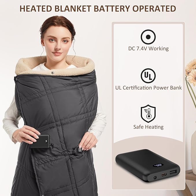 FERNIDA Heated Blanket Battery Operated, Cordless Heated Blanket with Rechargeable Battery Pack, 59" x 47" Wearable Portable Electric Heating Blanket for Camping Home Car