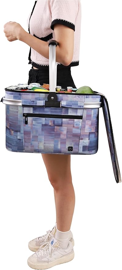 ALLCAMP Picnic Basket - Insulated Cooler, Thickening Foldable Picnic Basket with Removable Baskets & Sewn-in Frame, Basket for House Warming Gifts New Home(Purple Pattern)