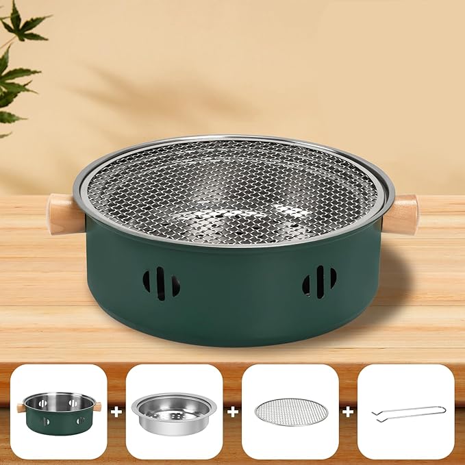 Portable Charcoal Barbecue Grill, 1pc Mini BBQ Grill Multifunctional Charcoal Grill Smokeless Round Tabletop Charcoal Grill for Indoor Outdoor Cooking Home Party Picnic Camping (Green)