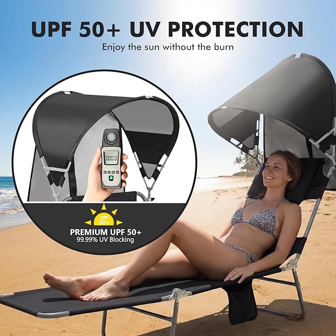 Backpack Beach Tanning Chair with UPF 50+ Canopy Sun Shade Face Hole, Folding Lounge Chair Reclining 6 Position for Adults Reading Sunbathing Outside Poolside Camping