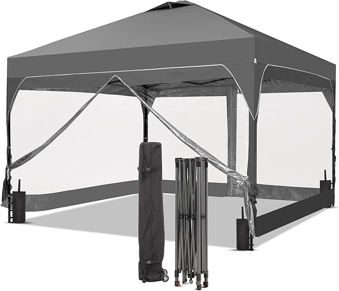 GDY 12x12FT Outdoor Pop Up Canopy Tent with One Push Setup, Easy Setup Gazebo with 4 PVC Transparent Sidewalls for Patio, Parties, Camping, Gray.