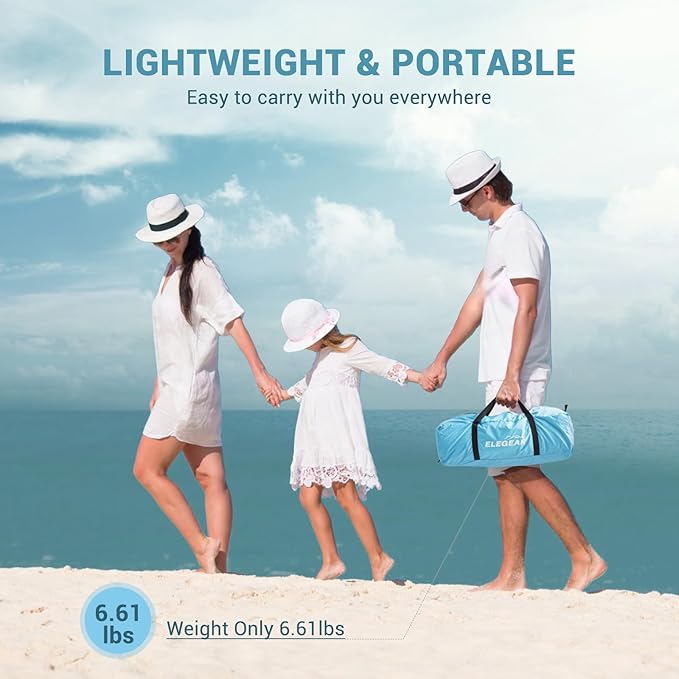 Elegear CumbreX™ Beach Tent Sun Shelter with Canopy, 6-8 Person Beach Tent, Easy Setup UPF 50+ UV Protection Portable Lightweight Double Silver Coating Cabana Sun Shade Shelter - Sky Blue