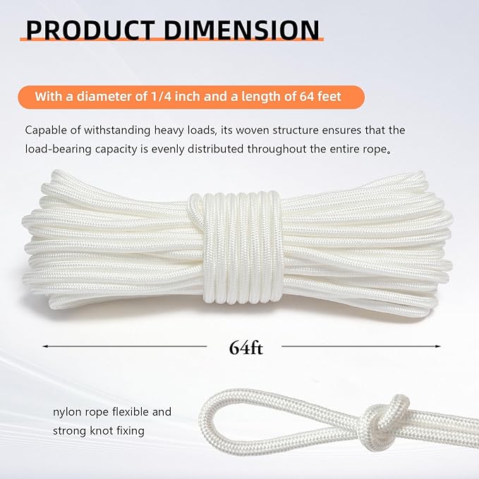 Nylon Rope, 1/4 inch 64FT Nylon Poly Rope Utility Cord Strong Polyester for Camping, Hiking, Clothesline, Tie, Flag Pole, Marine, Swing Outdoor & Indoor (6mm White)