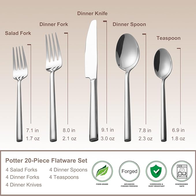 Alata Potter 20-Piece Forged Silverware Set Stainless Steel Flatware Set Cutlery Set,Service for 4,Mirror Finish,Dishwasher Safe