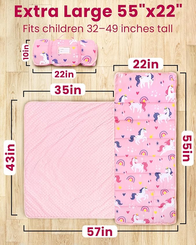 Toddler Nap Mat with Pillow and Minky Blanket, Large 55"x36" Sleeping Bag, Washable, Lightweight, Easy to Roll, Perfect for Preschool, Daycare, Kindergarten, Travel, Boys and Girls-Horse