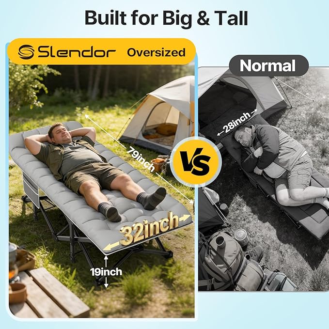Slendor XXL Folding Camping Cot for Adults with Mattress Pillow Carry Bag, 32 inch Extra Wide Portable Sleeping Cot, 900LBS Support Outdoor Cot Bed for Office Nap Beach Travel RV