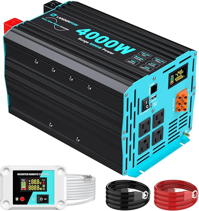 24V DC to 120V AC 4000 Watt Pure Sine Wave Inverter for RV, Truck, Solar, Home, Off-Grid, Power Inverter with 4 AC Outlet, 30W Type-C, 5V 3.1A USB, Hardwire Port, Remote Control, Surge 8000W