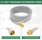 Extend a Stay RV Propane Kit, 4-Port Propane Brass Tee with 5 ft & 12 ft Stainless Steel Hoses for Connection Between Auxiliary Propane Cylinder and Appliances, Camping, Motorhomes