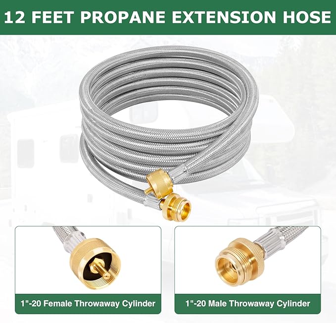 Extend a Stay RV Propane Kit, 4-Port Propane Brass Tee with 5 ft & 12 ft Stainless Steel Hoses for Connection Between Auxiliary Propane Cylinder and Appliances, Camping, Motorhomes
