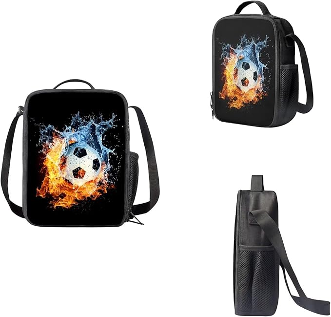 3 Pcs Water and Fire Football Printing Bag Sets Matching Portable Lunch Bag and Large Capacity Pencil Case for Kids Activities Outdoor Festival Gift