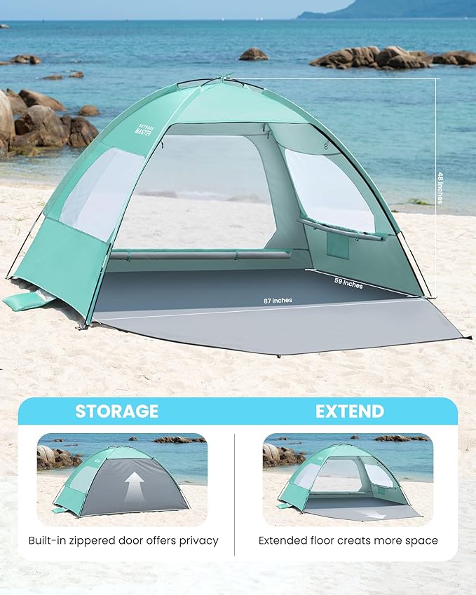 OutdoorMaster Beach Tent for 3/4/6/8 Person - Easy Setup Sun Shade Shelter, Portable Beach Shade Sun Canopy with UPF 50+ UV Protection, Removable Skylight Family Size