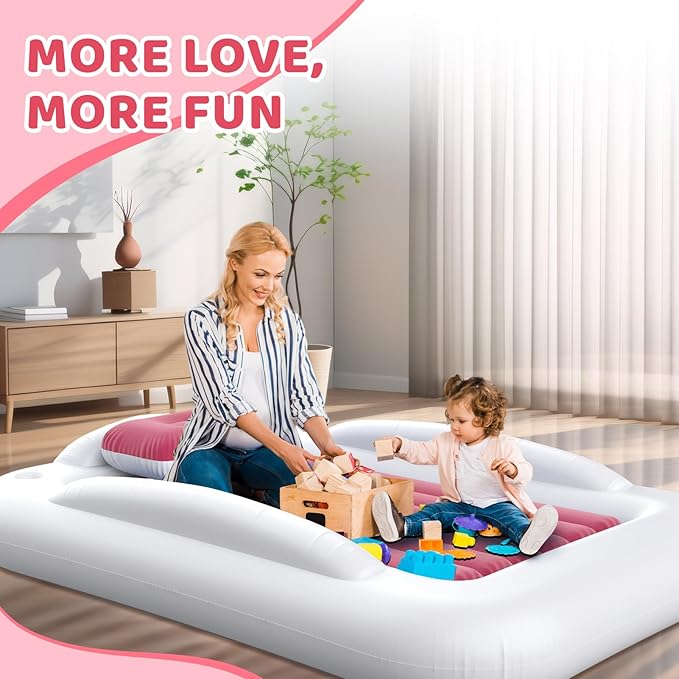 Inflatable Toddler Travel Bed - 60 Inches Portable Toddler Bed for Travel with Safety Sides - Cozy Kids Air Mattress Set with High-Speed Pump & Carry Case - Lightweight & Easy to Inflate(Pink)