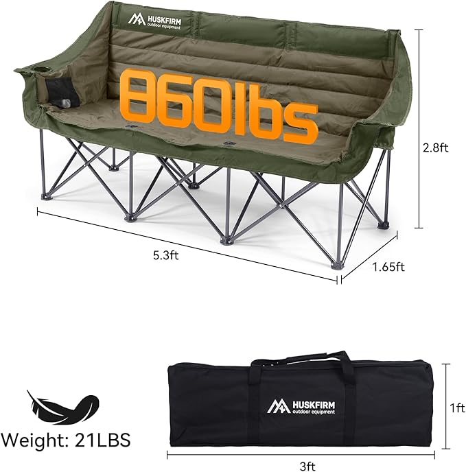 3 Person Camping Chairs Folding Double Camping Chair Portable Oversized Loveseat Padded Camp Chair Heavy Duty Camping Couch for Adults Outdoor Lawn with Two Cup Holders and Carry Bag Green