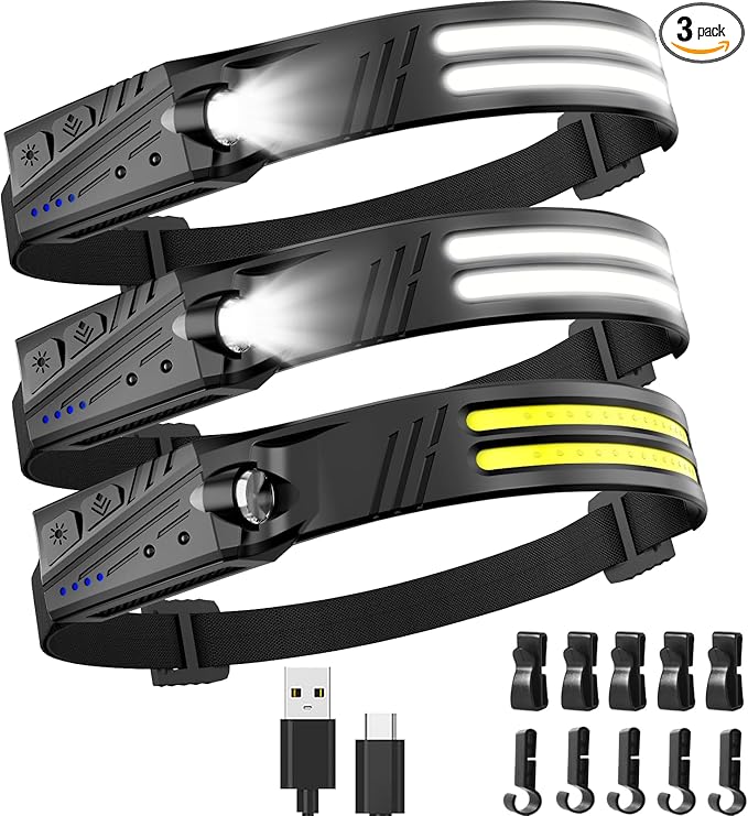 Headlamp Flashlight,3 Pack Super Bright 2000 Lumen Head Lamp,230°Wide Beam 1500mAh Lampe Frontale,5 Modes IPX5 Waterproof 0.14lb Lightweight Headlights for Camping Essentials Hiking
