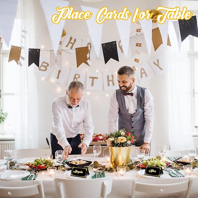100 Pcs Black Place Cards and Gold Pen for Weddings, Name Cards with Gold Foil Border for Table Setting Folded Table Tents Sign for Buffet Banquet Parties Events Celebrations
