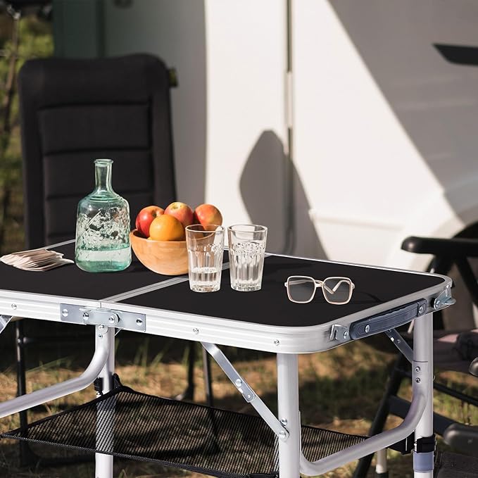 VINGLI Small Folding Table Portable 2FT Aluminum Foldable Camping Table for Picnic Card Table with 3 Adjustable Height & Carry Handle for Outdoor Indoor Hiking Camp BBQ Beach-Black