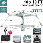 Buheco Beach Tent Pop Up Shade 10x10ft Beach Canopy Sun Shelter UPF50+ with 4 Foldable Poles-Portable Carrying Bag-Sand Shovel-Ground Pegs-Windproof Ropes for Outdoor Family Camping-Fishing- Picnic