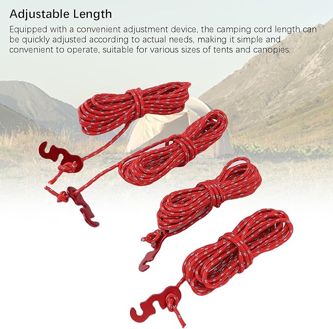 4 Pack Tent Guy Lines with Tensioners, 13ft Reflective Camping Rope, Adjustable Tent Tie Down Ropes for Canopy, Hiking, Backpacking, Outdoor Shelter