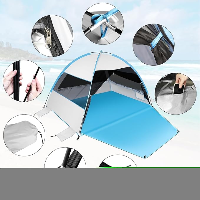 Large 3-4 Person Beach Tent - UPF 50+ Anti-UV, Easy Setup with Extended Floor & Mesh Windows, Portable for Camping Fishing