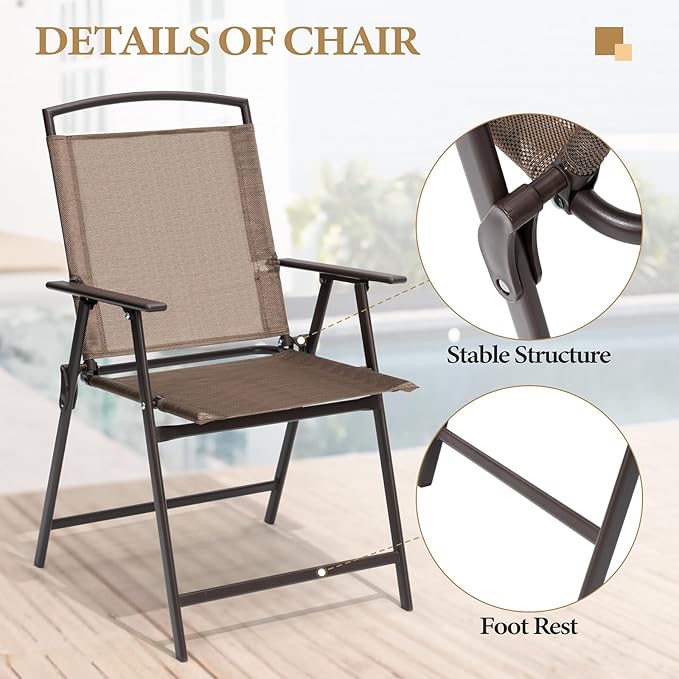 Crestlive Products Patio Folding Chairs Set of 8, Outdoor Folding Chairs with Durable Rust-Resistant Frame and Breathable Textilene Material for Outside, Brown