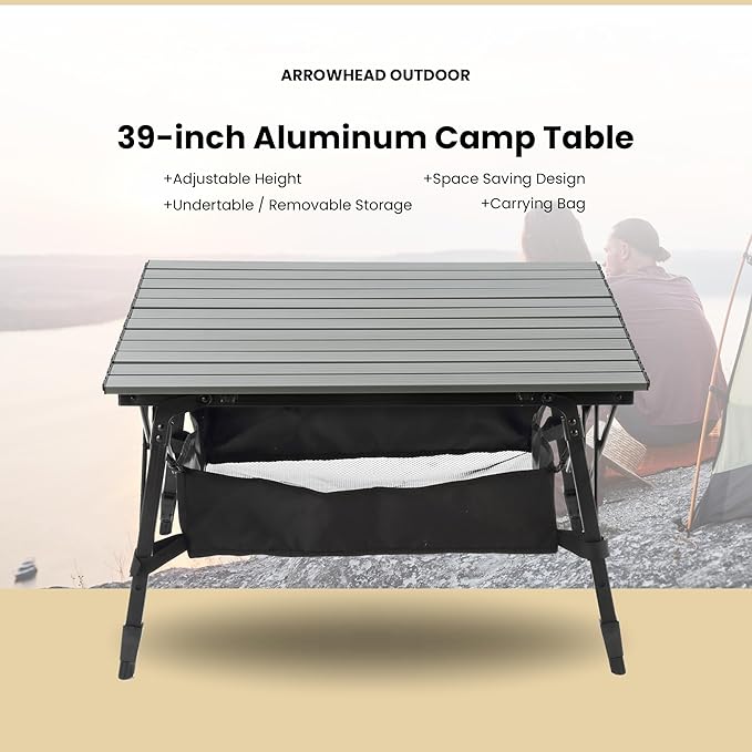 ARROWHEAD OUTDOOR 39" Aluminum Folding Camp Roll Up Table w/Adjustable Height, Undertable Mesh Storage, Carry Bag