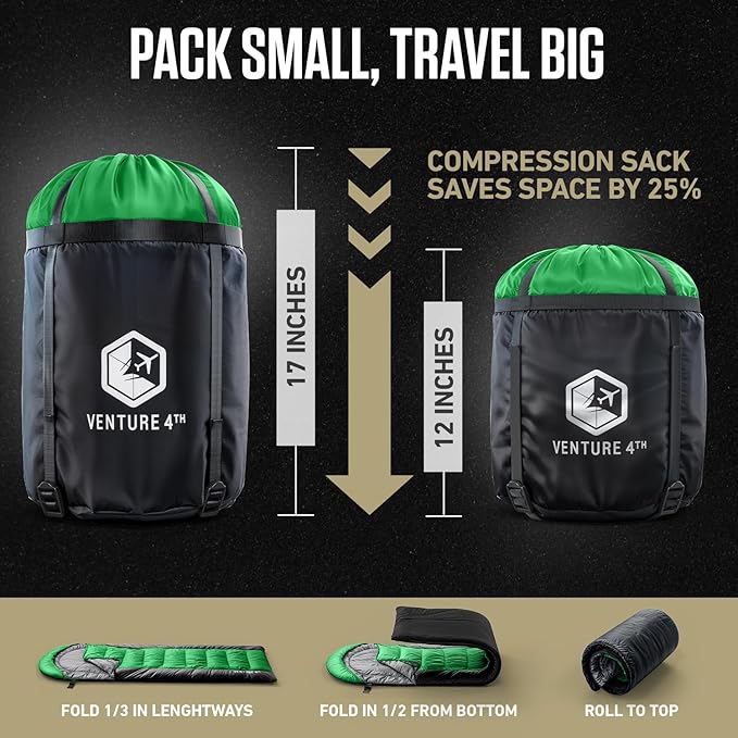 VENTURE 4TH Backpacking Sleeping Bag – XXL, Double and Single Sizes - Lightweight Warm & Cold Weather Sleeping Bags for Adults, Kids & Couples – Ideal for Hiking, Camping & Outdoor Adventures