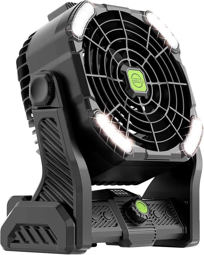 20000mAh Cordless Fan Emergency Portable Rechargeable Fan & Light for Power Outage, Car Defrosting, Indoor - Battery Operated Fan with 270° Pivot, USB, Hook & LED, Portable Camping X26 Black