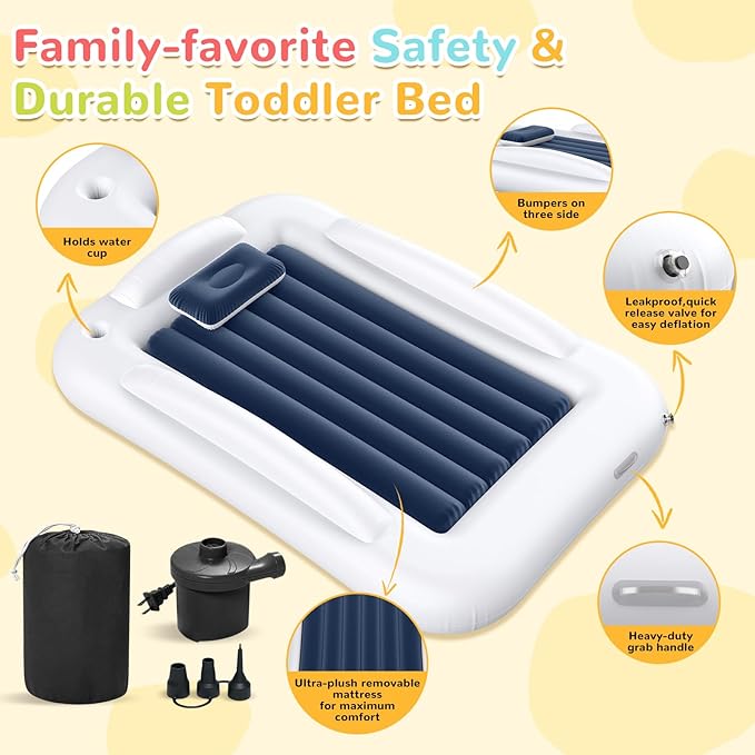 Inflatable Toddler Travel Bed - Portable Toddler Kids Travel Bed with Safety Sides Complete Kids Air Mattress Set with High-Speed Pump, Ideal for Vacation Camping and Sleepover (60 Inches)