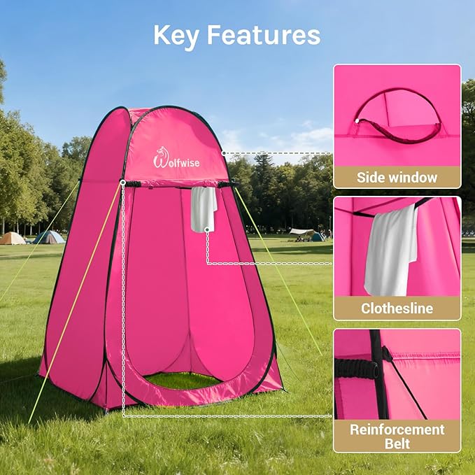 Wolfwise Pop Up Shower Tent, Portable Instant Changing Tent with Ventilation Window & Carry Bag, Privacy Bathroom Toilet for Beach, Camping & Outdoor, Width 47 ", Height 75 ", Rose Red