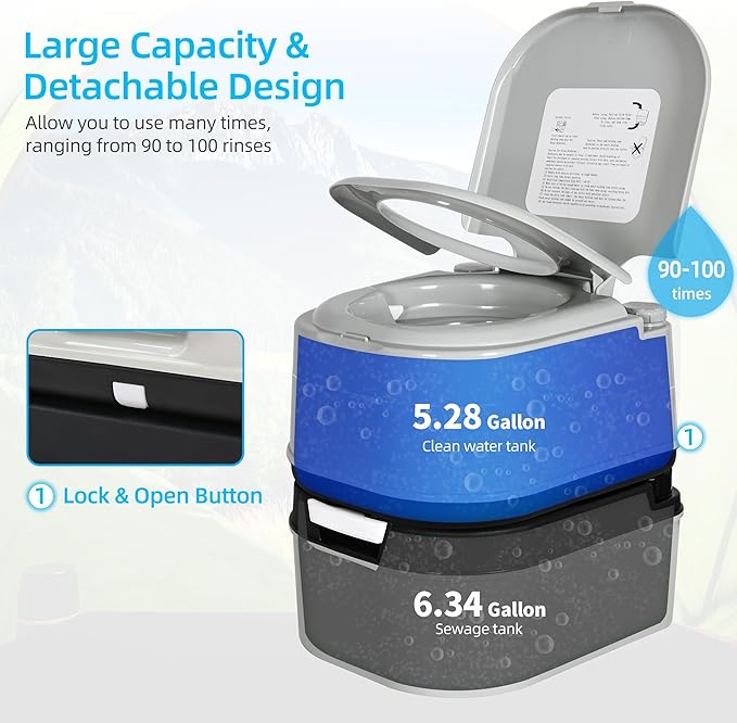 YITAHOME Portable Toilet 6.34 Gallon Camping Porta Potty with Paper and Detergent Collection Leak-Proof Outdoor RV Porta Potty, Handle Pump, Rotating Spout, for Boating, Hiking, Trips, Grey