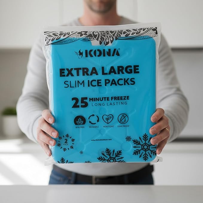 Kona XXL Ice Packs for Coolers – 2 lb Reusable Slim Freezer Packs, Long-Lasting Dry Ice Alternative for Cooler Bags, 13×10 Inch, Fast Freeze (-5 °C), Available in Multiple Pack Quantities