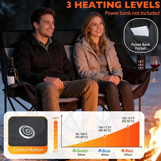 Heated Double Camping Chair Heated Camping Chair 4 Heating Zones Heated Chair Outdoor Sport Heated Folding Chair for Adults (Battery Not Included)