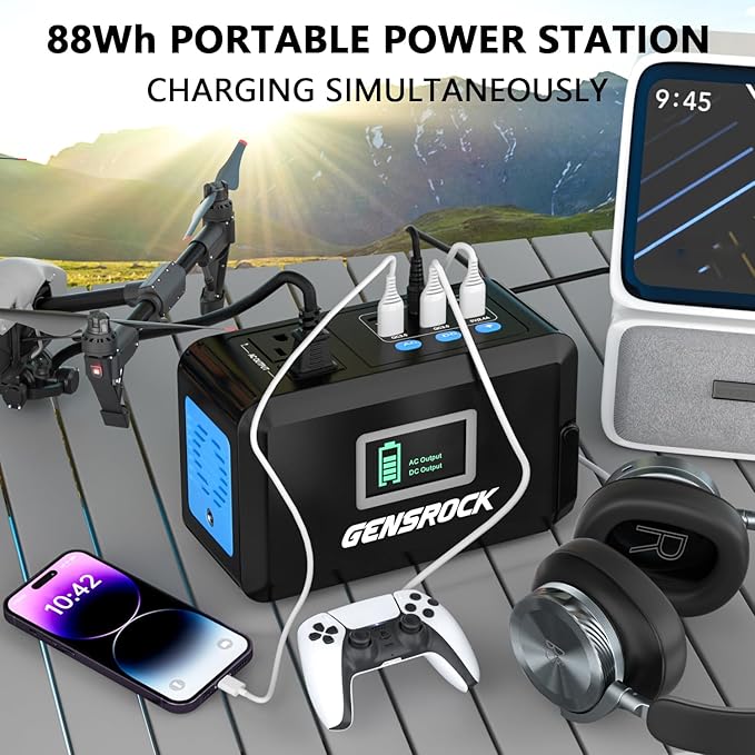 GENSROCK Portable Power Station 120W(220W Peak), 88Wh Camping Solar Generator, Lithium Battery Power Bank with 2 110V AC Outlet, QC 3.0, Type-C, LED Flashlight for CPAP Home Camping Travel Emergency