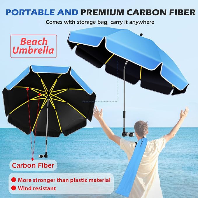 Umbrella 360°Adjustable Protection Stroller, 48.8" beach chair umbrella with clamp, high UV protection. 3 Adjustable areas 180°+360° for fishing, golf, beach, camping (chair not included)