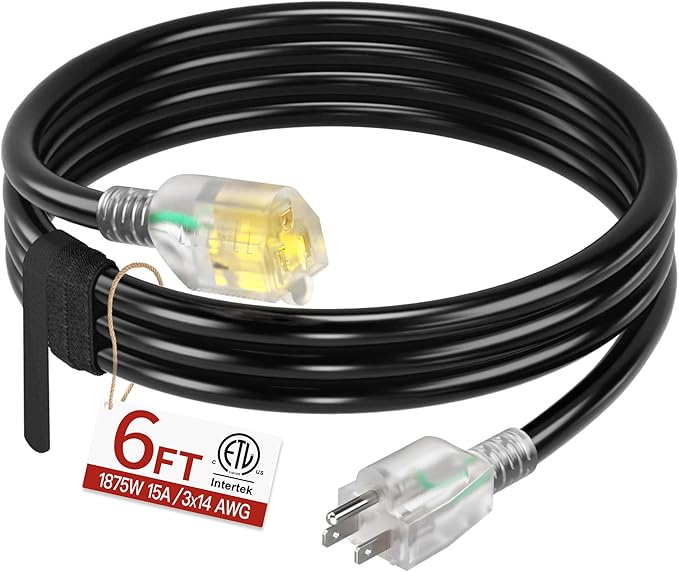 6 FT 14/3 Extension Cord Outdoor, Heavy Duty Weatherproof & Flame Retardant Black 3 Prong Power Cord with Light, Outside for Lawn & Garden, 15 Amps 1875 Watts 125 VAC 14AWG SJTW, ETL Listed