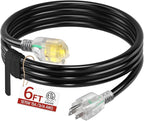 6 FT 14/3 Extension Cord Outdoor, Heavy Duty Weatherproof & Flame Retardant Black 3 Prong Power Cord with Light, Outside for Lawn & Garden, 15 Amps 1875 Watts 125 VAC 14AWG SJTW, ETL Listed