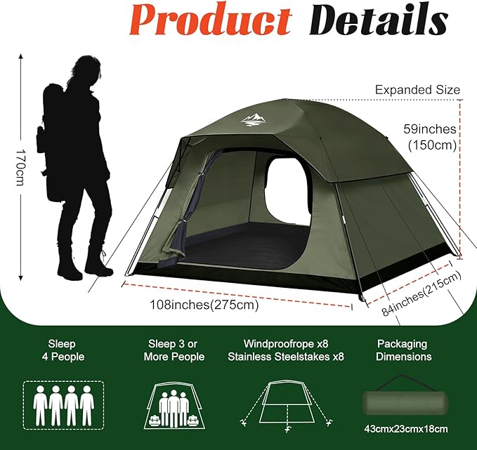 Tents for Camping 4 Person with 2 Doors and Rainfly, Camping Tents Waterproof Windproof, Large Mesh Ventilation, Easy Setup Windproof Family Tent for Outdoor Camping Hiking Backpacking