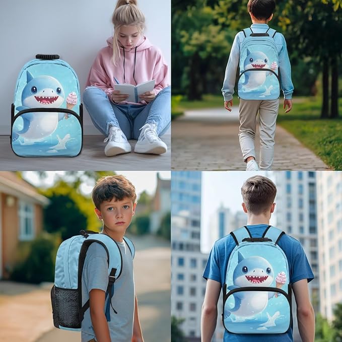 Shark Backpack with Lunch Box Blue Bookbag Cute Lightweight Kids Bookbag with Lunch Box Boys 4 Pcs School Bags for Boys 10-12 Travel Outdoor Camping Daypack Graduation Gifts