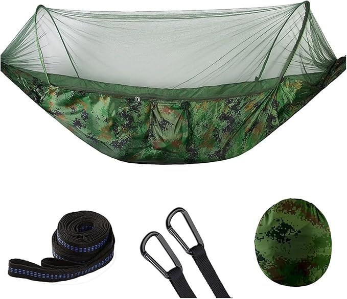 Compatible For Camping Hammock With Mosquito Net Pop-Up Light Portable Outdoor Parachute Hammocks Swing Sleeping Hammock Camping Stuff(Camouflage green)