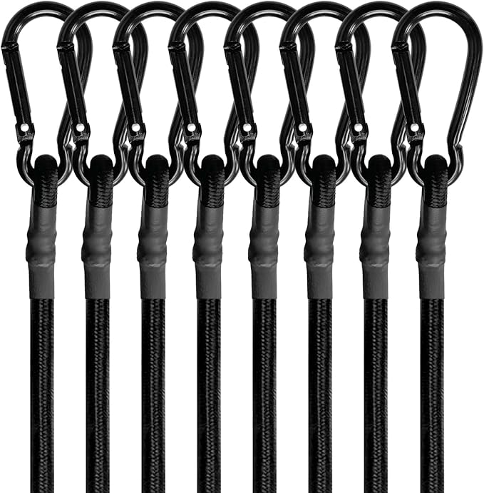8 Pcs 24in Bungee Cords with Carabiner Hooks Heavy Duty, Outdoor Black Bungee Straps, Strong Industrial Grade Elastic Bungee Rope for Securing Tarps, Luggage, Tents，Bikes or Garden Tidying