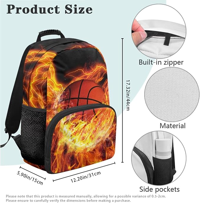 Basketball Backpack with Lunchbox Fire Bookbag Cute Lightweight Kids Bookbag with Lunch Box Boys 4pcs School Bag for Boys 8-12 Travel Outdoor Daypack Hiking Back to School Gifts