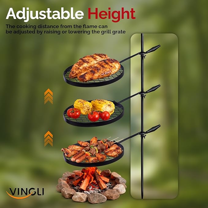 VINGLI Swivel Camping Firepit Grill, Foldable Campfire Steel Grate w/Griddle & Storage Bag, 360° Adjustable, Open Fire Outdoor Cooking Equipment, Parties, Activities, Families Use 30'' x 13'' x 48''