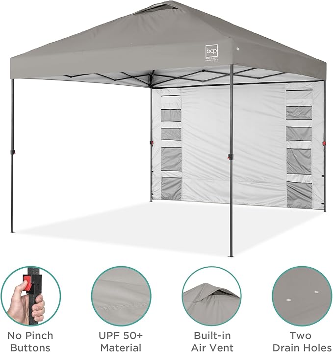 Best Choice Products 10x10ft Pop Up Canopy Tent with Sidewall, 1 Person 1 Minute Set Up, Carry Case, 4 Weight Bags - Light Gray