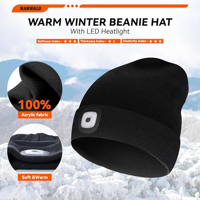 LED Beanie Hat with Light, USB Rechargeable LED Headlamp, Gifts for Men, Mens Gifts, Birthday Gifts for Women Him Dad Husband, Boyfriends, Black, 2PCS