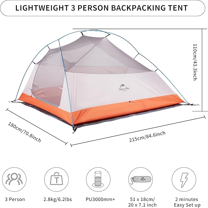 Naturehike Cloud Up 3 Person Backpacking Tent with Footprint - 3 Season Free Standing Lightweight 3 Person Camping Tent | with Footprint, Free Standing, Dome, Camping, Hiking, Waterproof