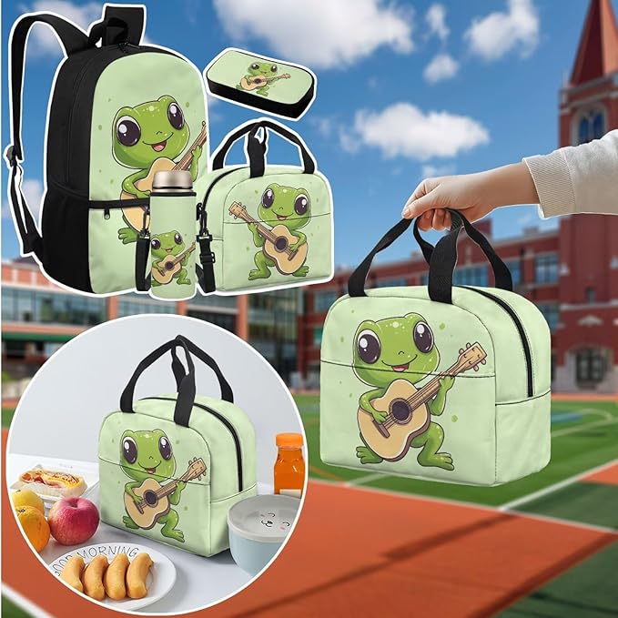 Frog Backpack Set for School with Lunch Box and Water Bottle Bag Kids Travel Backpack Boys Kindergarten Elementary Middle Lightweight Camping Travel Mochilas Escolares Para Niños