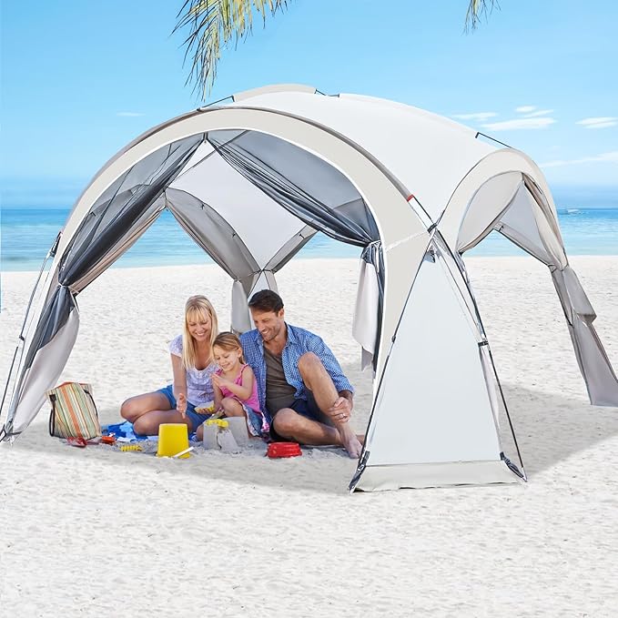 Large Beach Canopy Tent 14 X 14ft, UPF 50+ Pop Up Sun Shelter for 8-10 Person, Portable Beach Sun Shade with Side Walls for Camping, Fishing, Backyard, Fishing, Parties, Picnics