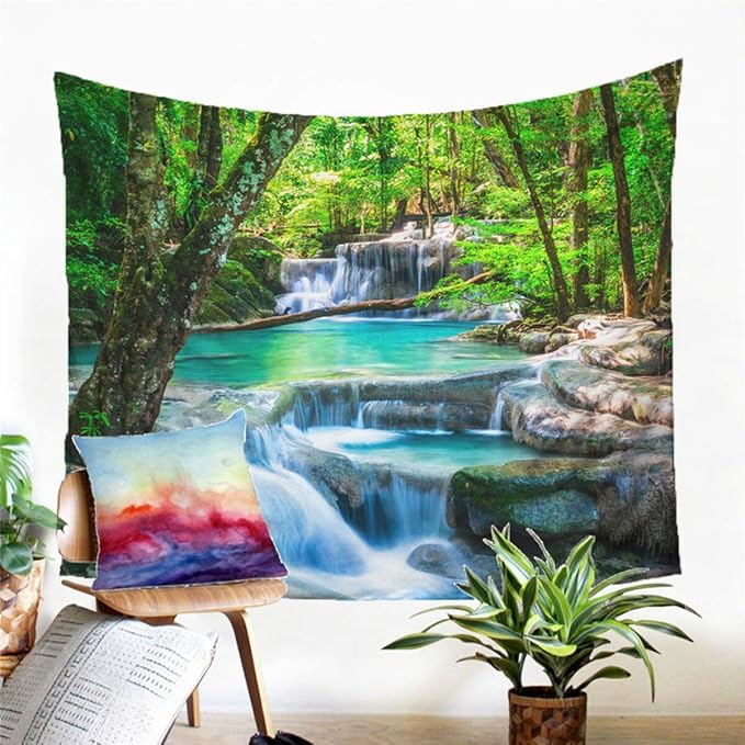 Forest Waterfall Tapestry Wall Hanging Sandy Beach Picnic Rug Camping Tent Sleeping Pad Home Decor Bedspread Sheet Wall Cloth (60x51inch,3)