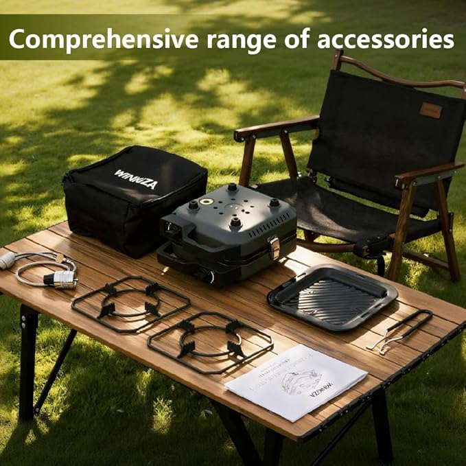 New WINKIZA 2 Burner Camping Stove with Grill, 12000 BTU Propane Gas Stove, Portable Folding Camp Stove with Carry Bag, Two Adjustable Burners with Piezo Ignition, Portable Stove for Camping, BBQ